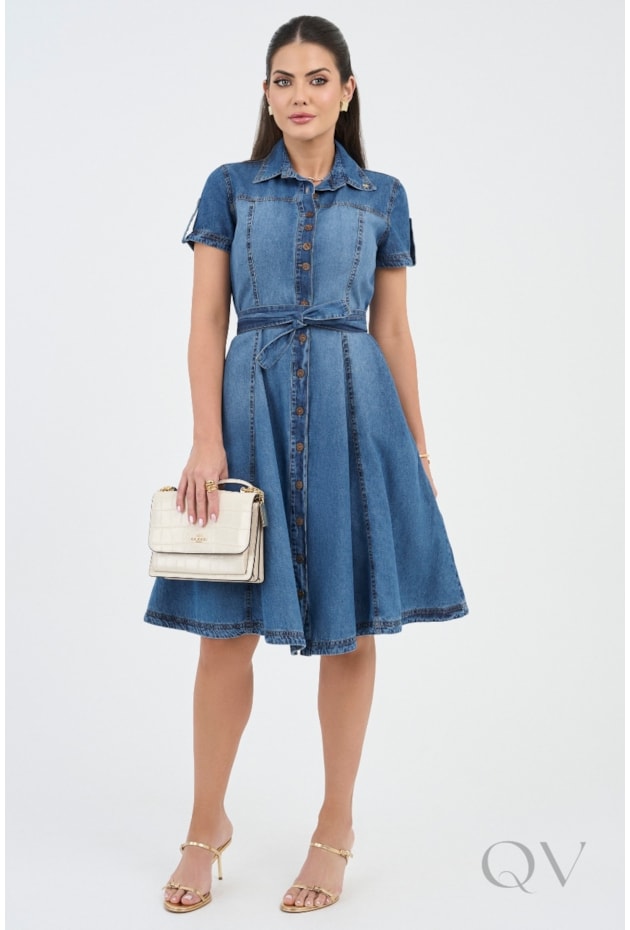 VESTIDO CHEMISE CURTO EVASÊ EM JEANS ESCURO - VIA TOLENTINO