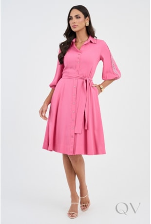 VESTIDO CHEMISE CURTO GODÊ EM VISCOSE ROSA - VIA TOLENTINO