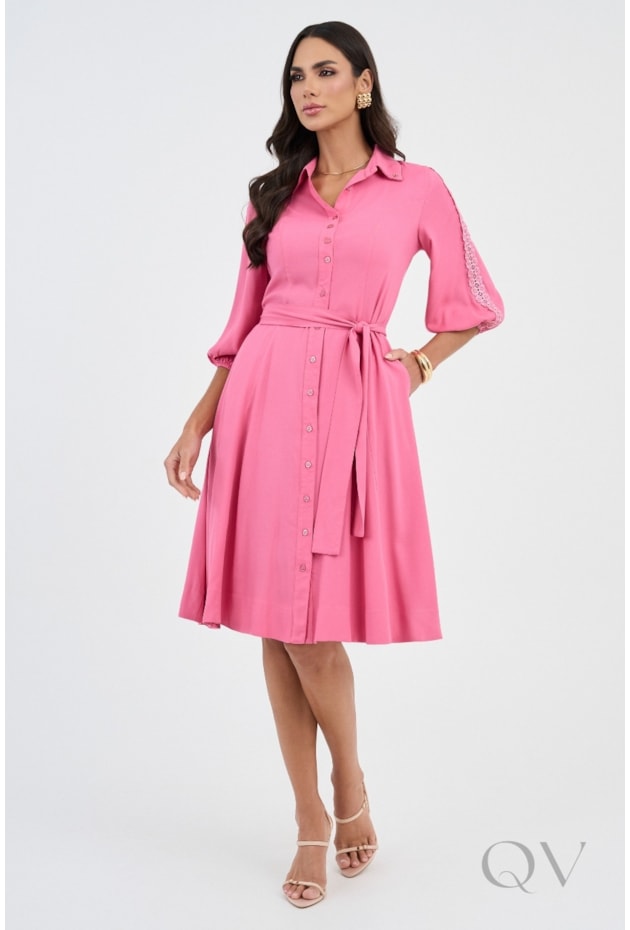 VESTIDO CHEMISE CURTO GODÊ EM VISCOSE ROSA - VIA TOLENTINO