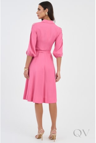 VESTIDO CHEMISE CURTO GODÊ EM VISCOSE ROSA - VIA TOLENTINO