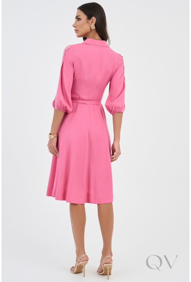 VESTIDO CHEMISE CURTO GODÊ EM VISCOSE ROSA - VIA TOLENTINO
