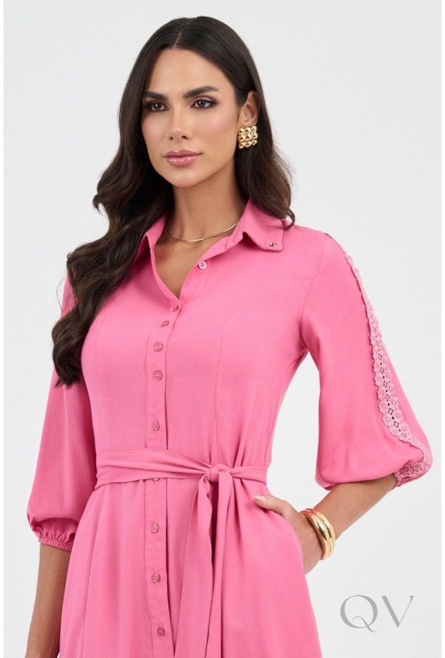 VESTIDO CHEMISE CURTO GODÊ EM VISCOSE ROSA - VIA TOLENTINO