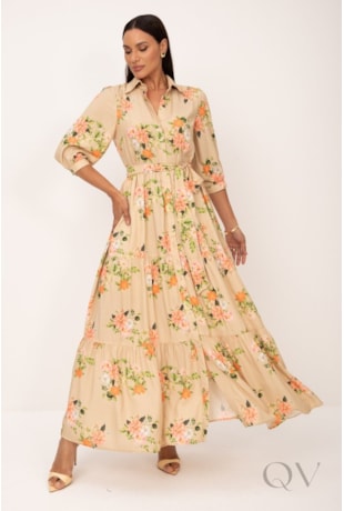 VESTIDO CHEMISE DE LONGO EM VISCOSE SICILIA OURO ESTAMPA FLORAL - LEKAZIS