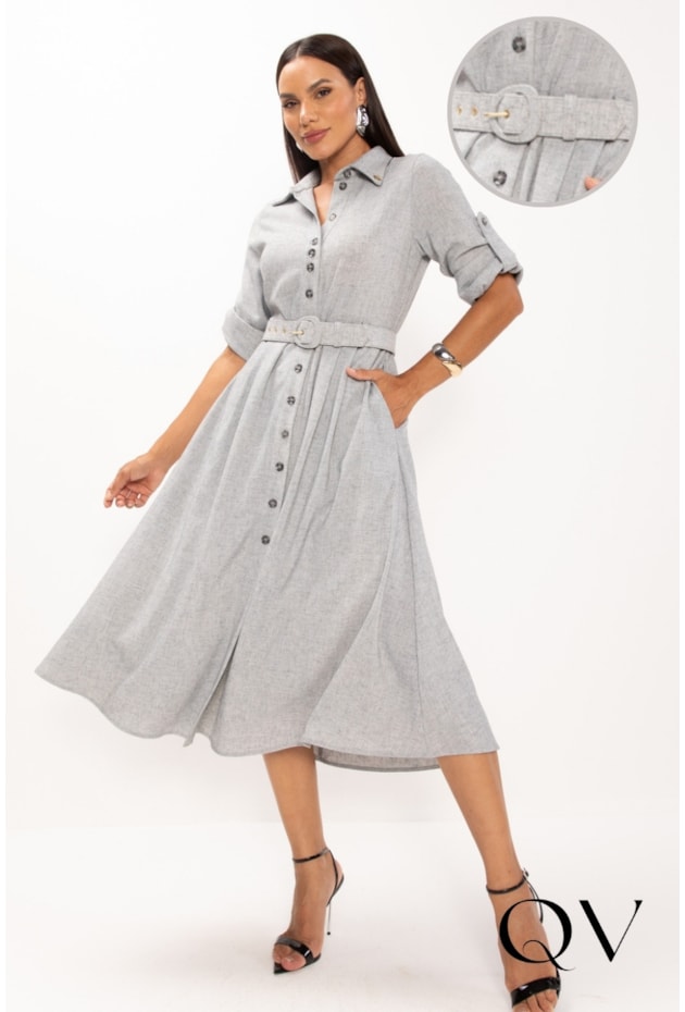 VESTIDO CHEMISE EM ALFAIATARIA CINZA MESCLADO - LEKAZIS VESTIDO CHEMISE EM ALFAIATARIA CINZA MESCLADO - LEKAZIS