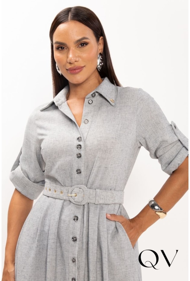 VESTIDO CHEMISE EM ALFAIATARIA CINZA MESCLADO - LEKAZIS VESTIDO CHEMISE EM ALFAIATARIA CINZA MESCLADO - LEKAZIS