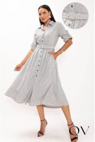 VESTIDO CHEMISE EM ALFAIATARIA CINZA MESCLADO - LEKAZIS