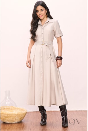 VESTIDO CHEMISE EM ALFAIATARIA DE VISCOSE QUAKER BEGE - TITANIUM JEANS