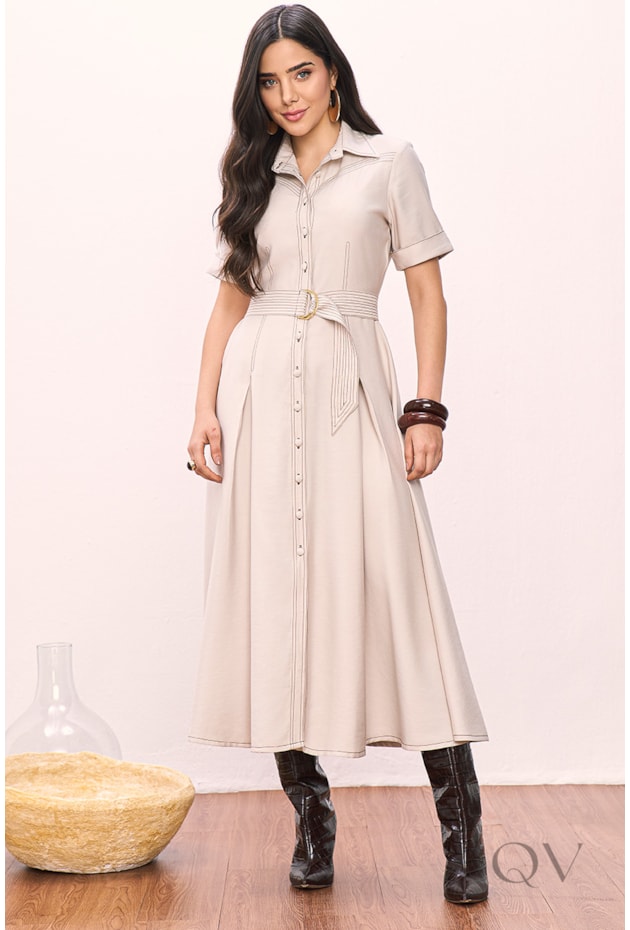 VESTIDO CHEMISE EM ALFAIATARIA DE VISCOSE QUAKER BEGE - TITANIUM JEANS
