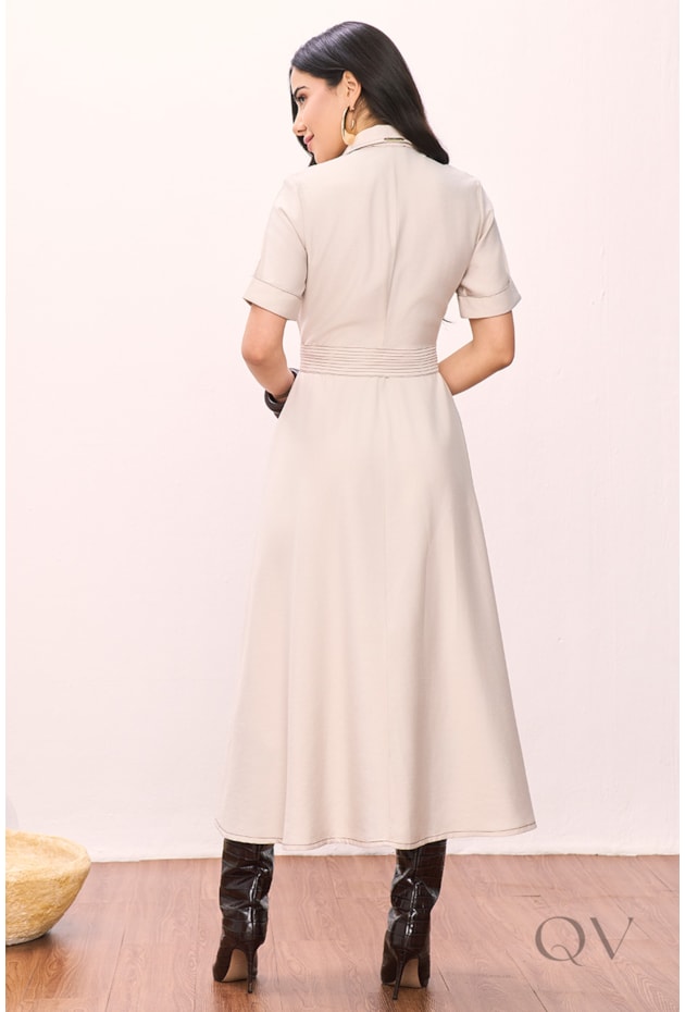 VESTIDO CHEMISE EM ALFAIATARIA DE VISCOSE QUAKER BEGE - TITANIUM JEANS