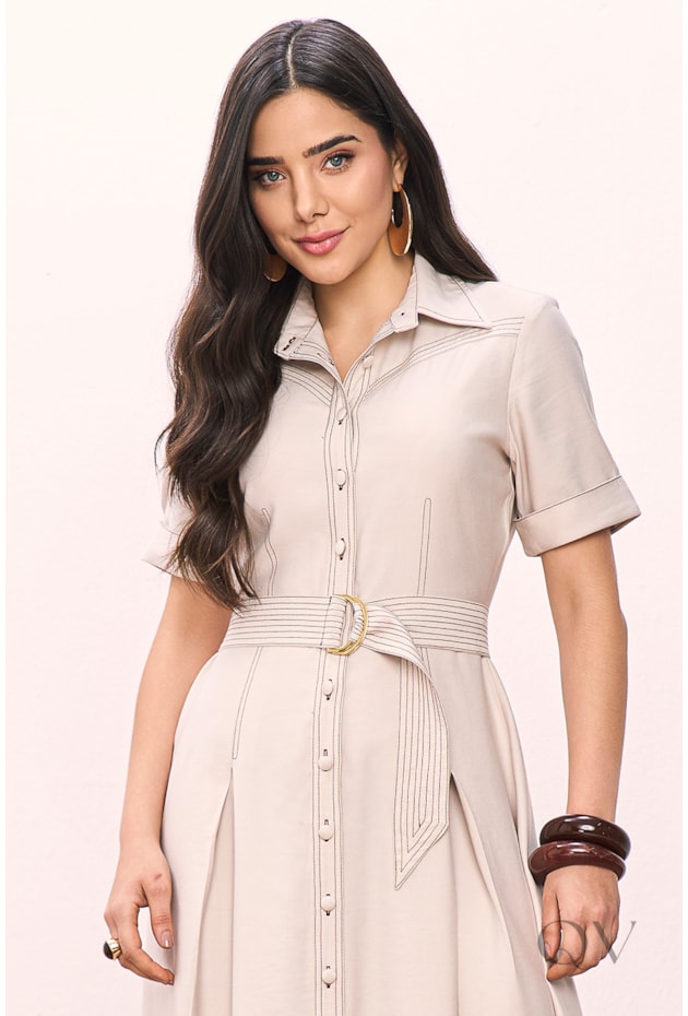 VESTIDO CHEMISE EM ALFAIATARIA DE VISCOSE QUAKER BEGE - TITANIUM JEANS