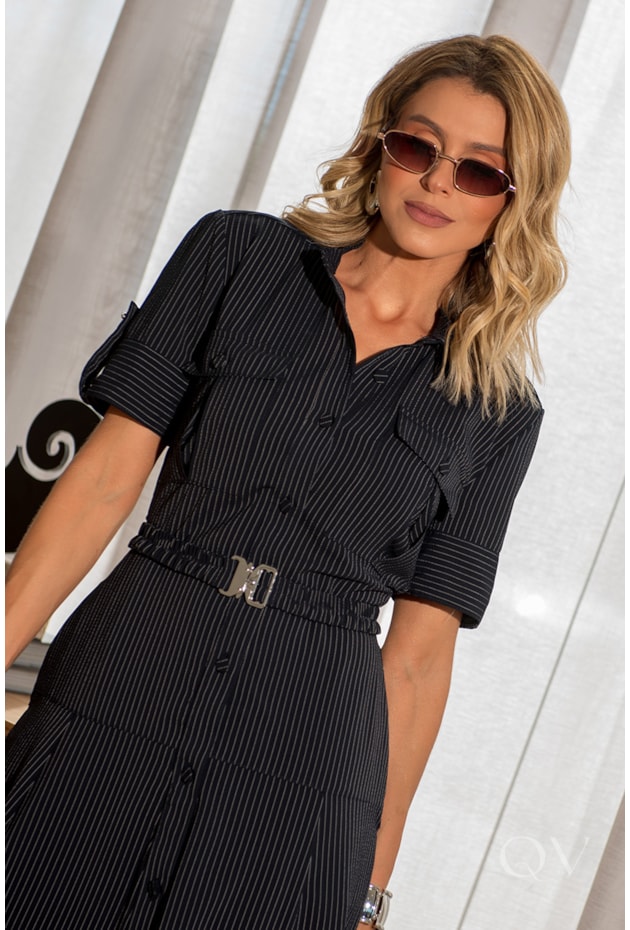 VESTIDO CHEMISE EM ALFAIATARIA RISCA DE GIZ MARINHO - LUZIA FAZZOLLI