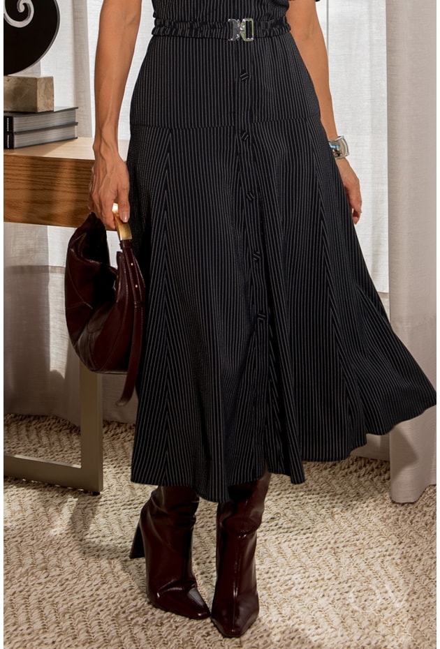 VESTIDO CHEMISE EM ALFAIATARIA RISCA DE GIZ MARINHO - LUZIA FAZZOLLI