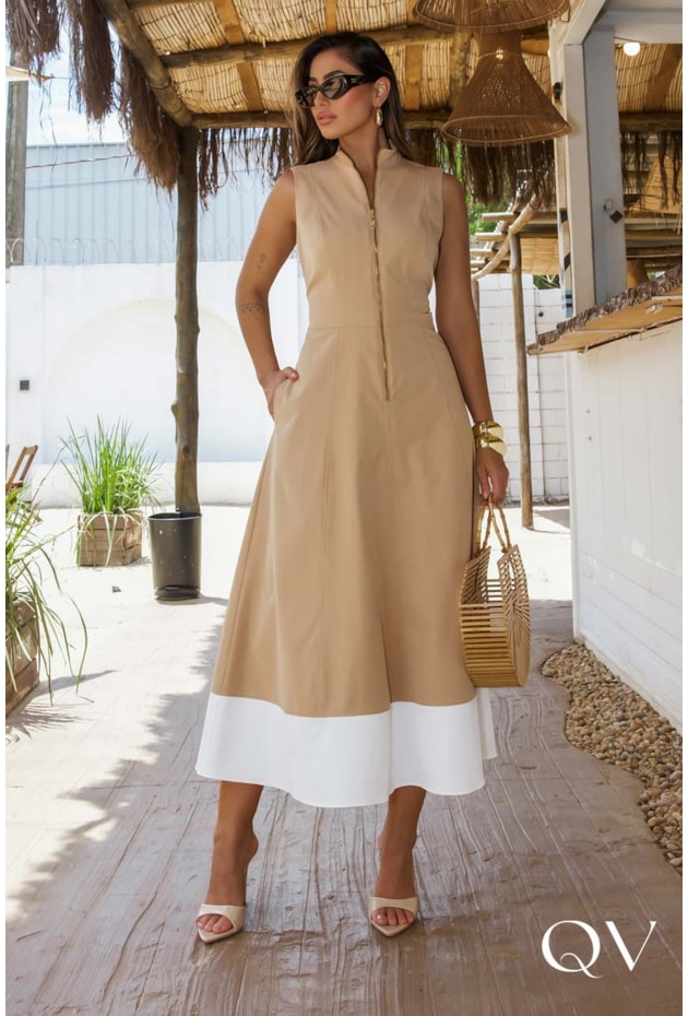 Vestido Chemise Em Alfaiataria Zíper Bege Luzia Fazzolli QVestido