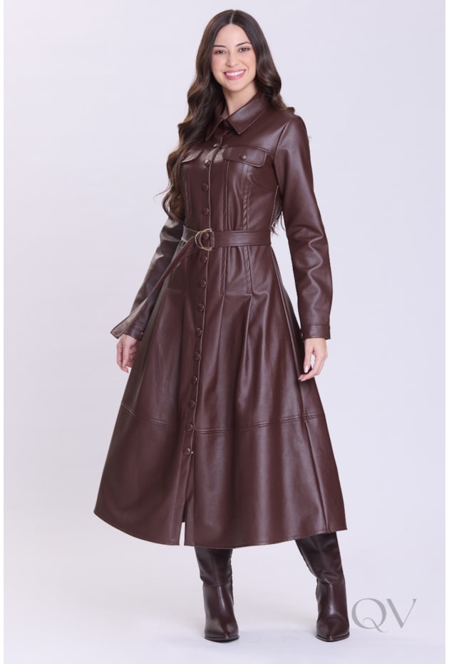 VESTIDO CHEMISE EM ASPECTO DE COURO MARROM - HAPUK