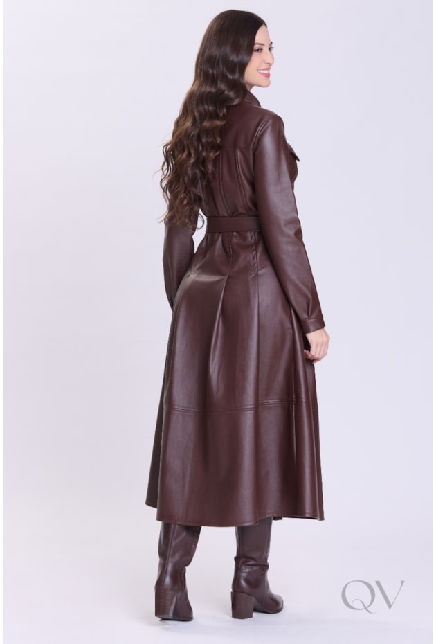 VESTIDO CHEMISE EM ASPECTO DE COURO MARROM - HAPUK