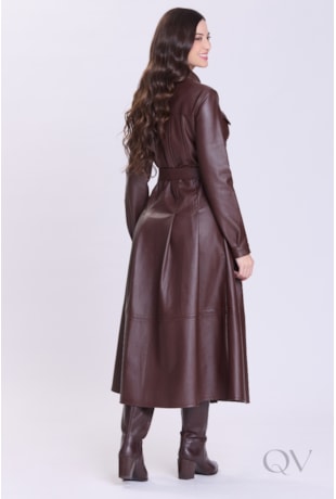 VESTIDO CHEMISE EM ASPECTO DE COURO MARROM - HAPUK