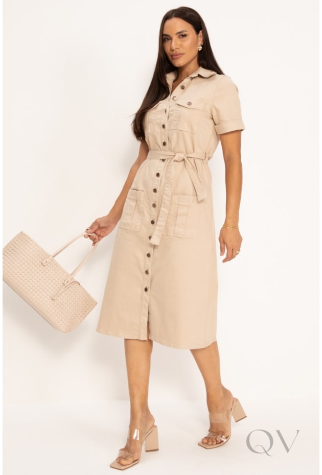 VESTIDO CHEMISE EM JEANS COLOR BEGE - LEKAZIS