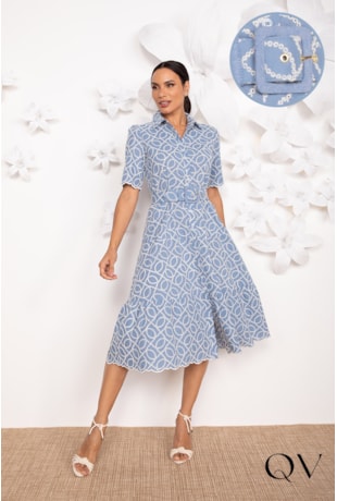 VESTIDO CHEMISE EM LAISE BORDADO AZUL - LEKAZIS