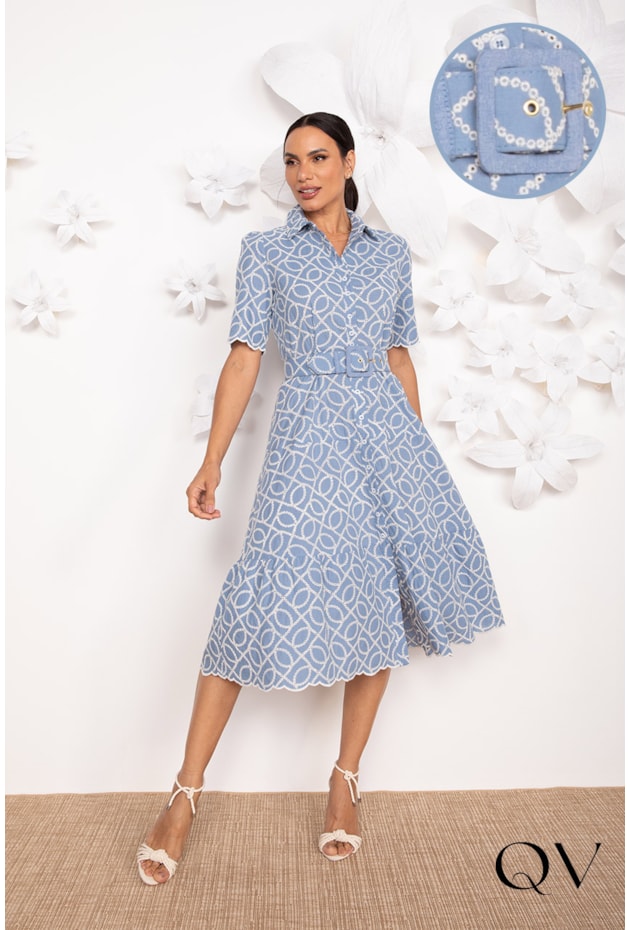 VESTIDO CHEMISE EM LAISE BORDADO AZUL - LEKAZIS