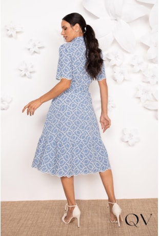 VESTIDO CHEMISE EM LAISE BORDADO AZUL - LEKAZIS