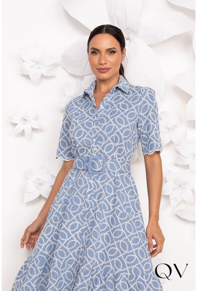 VESTIDO CHEMISE EM LAISE BORDADO AZUL - LEKAZIS