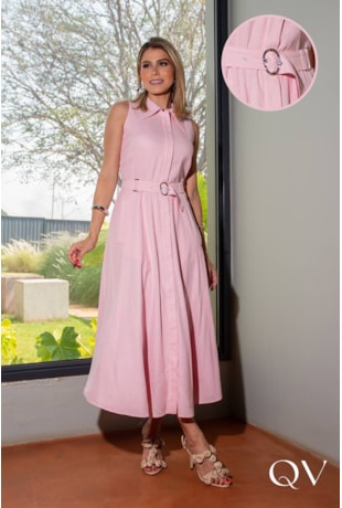 VESTIDO CHEMISE EM LINHO ROSA - LUZIA FAZZOLLI