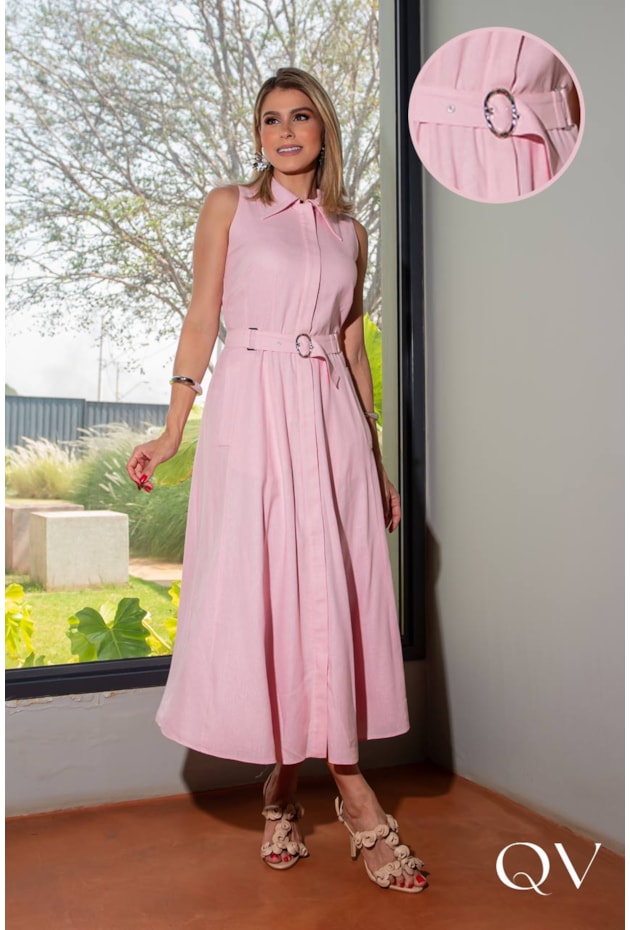 VESTIDO CHEMISE EM LINHO ROSA - LUZIA FAZZOLLI