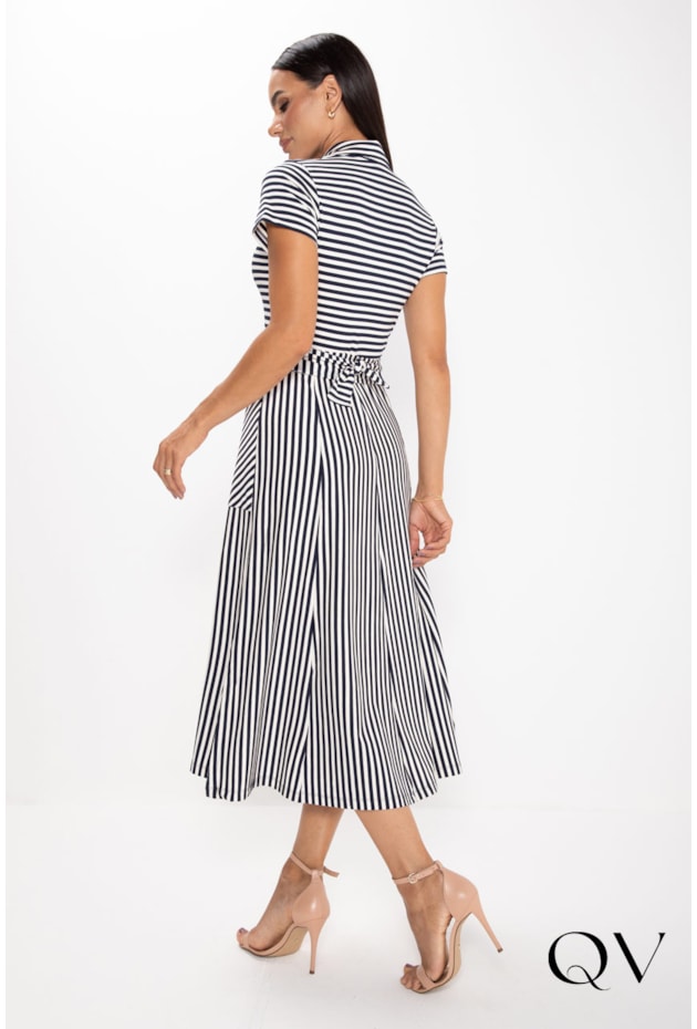 VESTIDO CHEMISE EM MALHA LISTRADO MARINHO - LEKAZIS