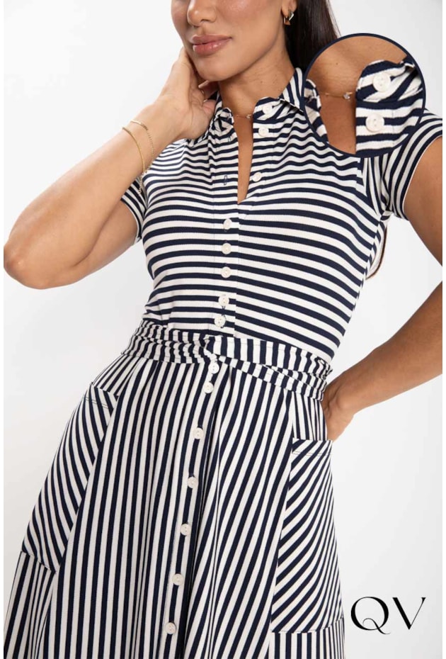 VESTIDO CHEMISE EM MALHA LISTRADO MARINHO - LEKAZIS