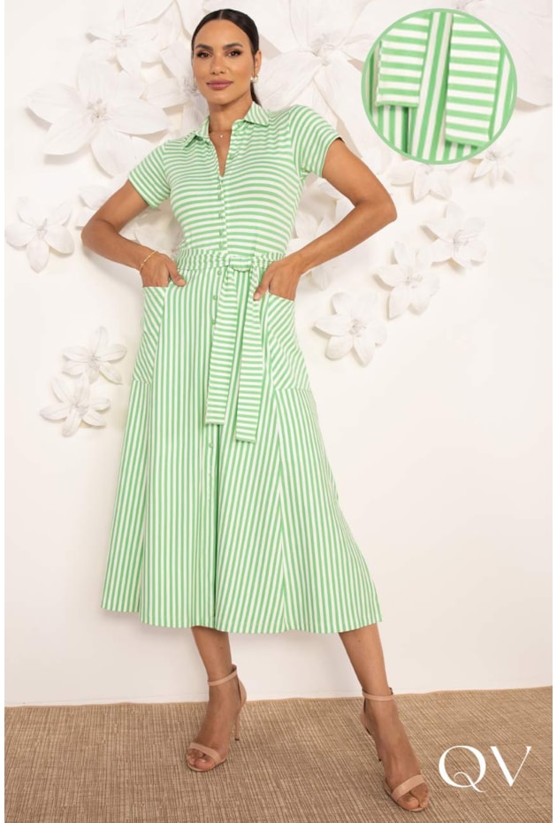 VESTIDO CHEMISE EM MALHA LISTRADO VERDE - LEKAZIS