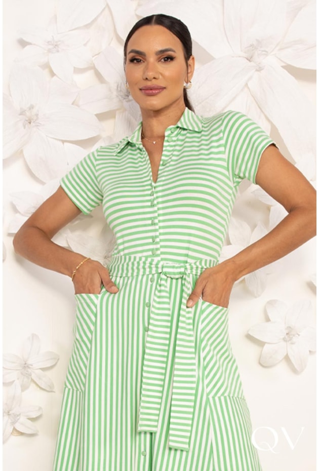 VESTIDO CHEMISE EM MALHA LISTRADO VERDE - LEKAZIS