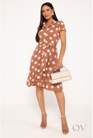 VESTIDO CHEMISE EM PLANO COM TOQUE DE SEDA POÁ NUDE E OFF - LEKAZIS