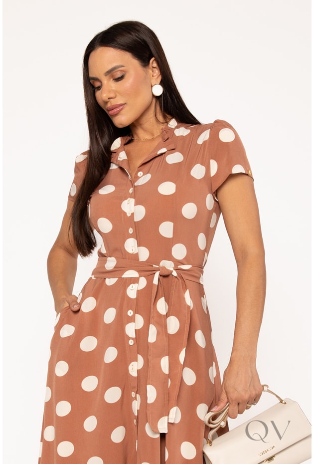 VESTIDO CHEMISE EM PLANO COM TOQUE DE SEDA POÁ NUDE E OFF - LEKAZIS