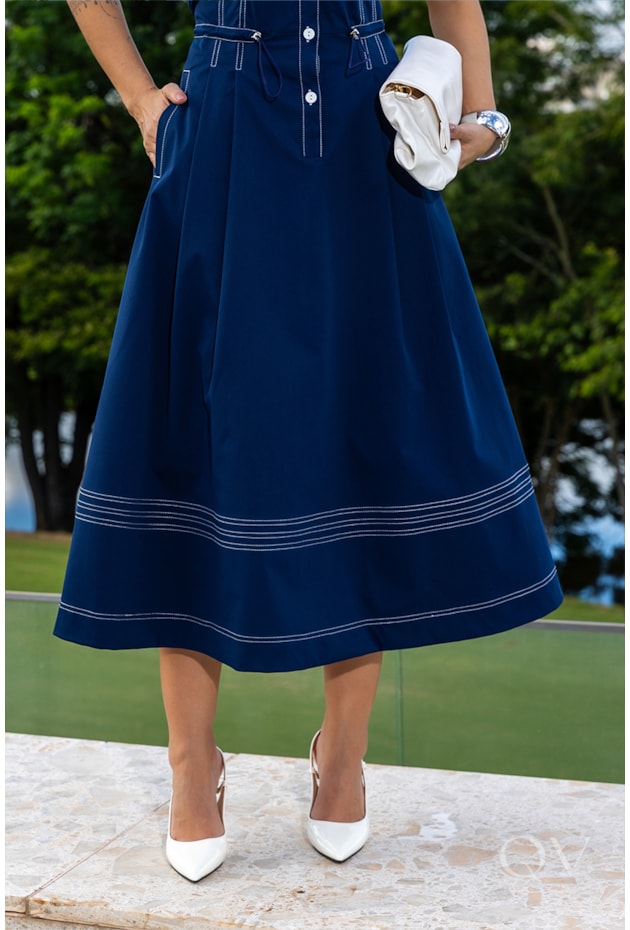 VESTIDO CHEMISE EM SARJA PESPONTOS AZUL MARINHO - LUZIA FAZZOLLI