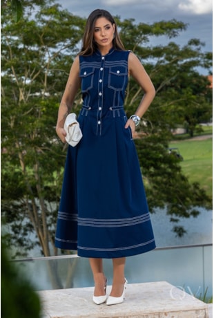 VESTIDO CHEMISE EM SARJA PESPONTOS AZUL MARINHO - LUZIA FAZZOLLI