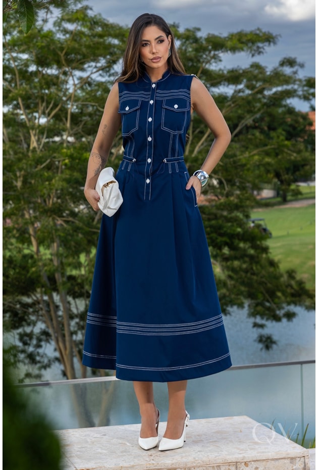 VESTIDO CHEMISE EM SARJA PESPONTOS AZUL MARINHO - LUZIA FAZZOLLI