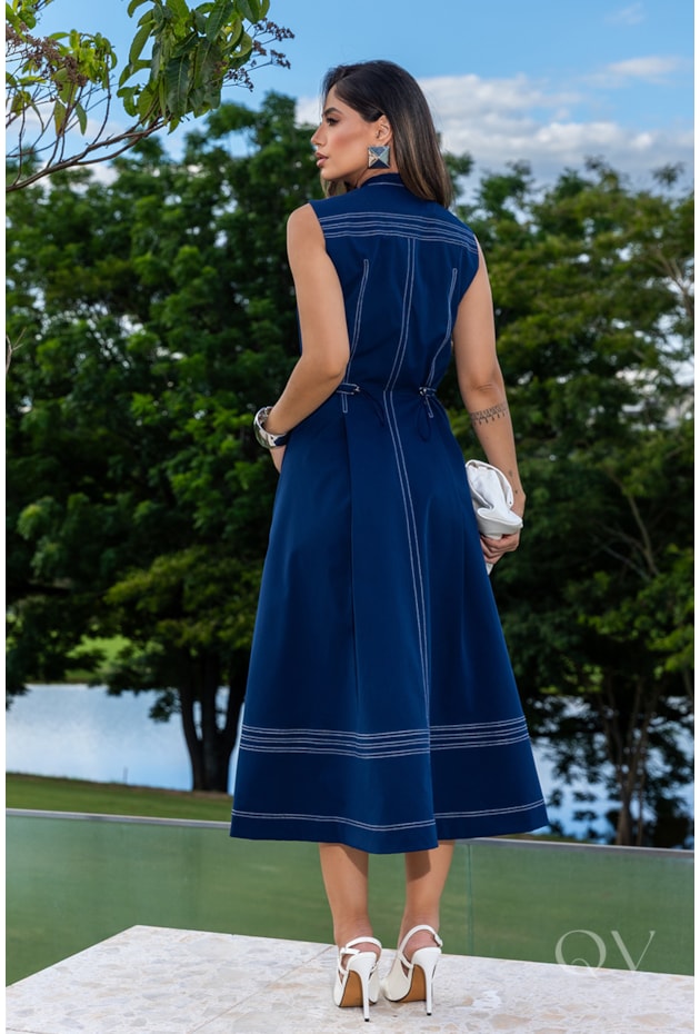 VESTIDO CHEMISE EM SARJA PESPONTOS AZUL MARINHO - LUZIA FAZZOLLI