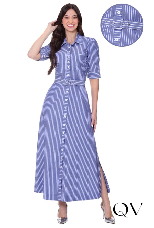 VESTIDO CHEMISE EM TECIDO PLANO LISTRADO AZUL - HAPUK