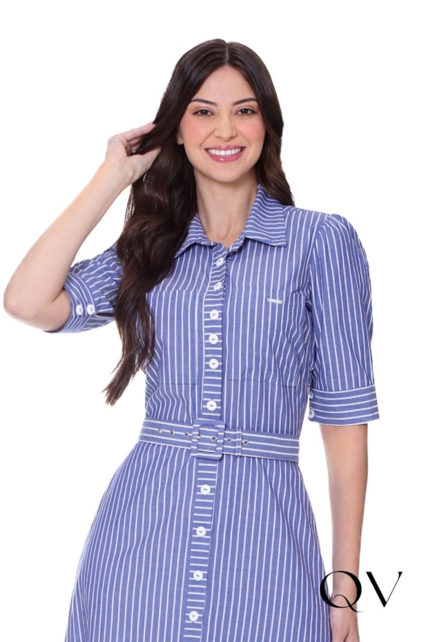 VESTIDO CHEMISE EM TECIDO PLANO LISTRADO AZUL - HAPUK