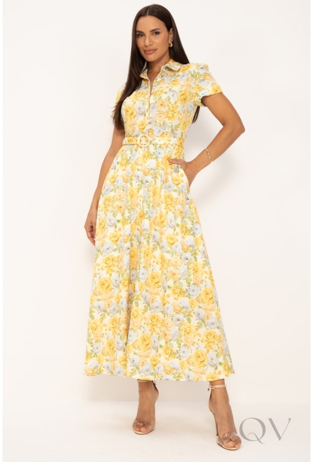 VESTIDO CHEMISE EM TOQUE DE SEDA FLORAL AMARELO - LEKAZIS