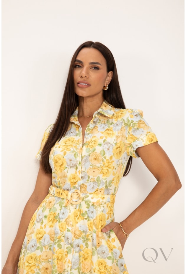 VESTIDO CHEMISE EM TOQUE DE SEDA FLORAL AMARELO - LEKAZIS