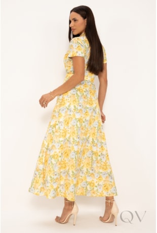 VESTIDO CHEMISE EM TOQUE DE SEDA FLORAL AMARELO - LEKAZIS