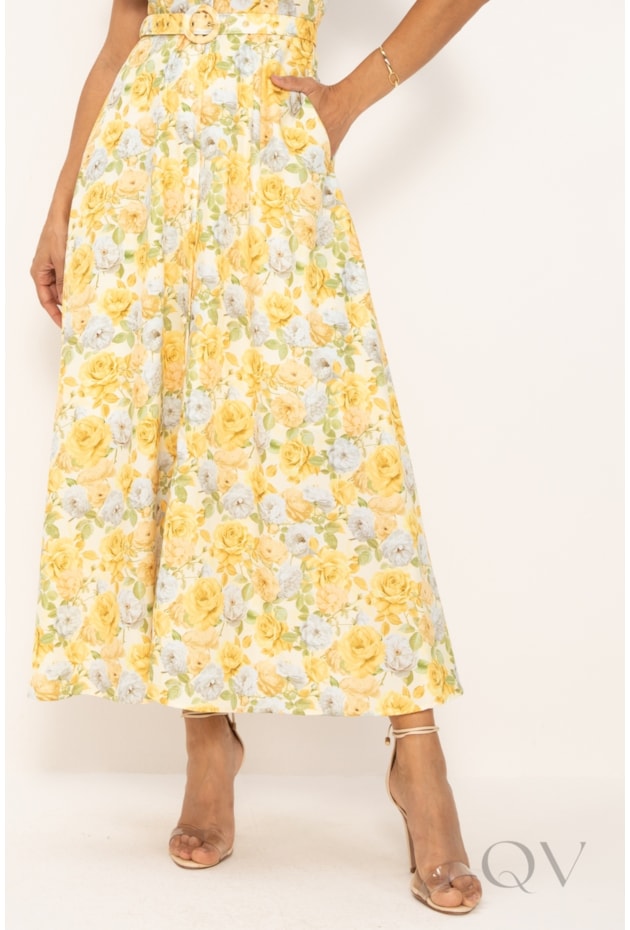 VESTIDO CHEMISE EM TOQUE DE SEDA FLORAL AMARELO - LEKAZIS