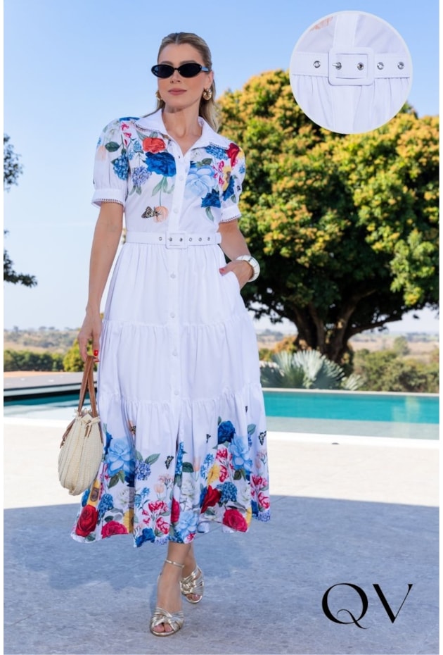 VESTIDO CHEMISE EM TRICOLINE BRANCO FLORAL - LUZIA FAZZOLLI