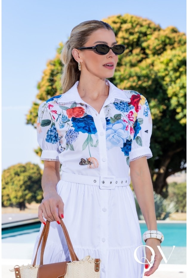 VESTIDO CHEMISE EM TRICOLINE BRANCO FLORAL - LUZIA FAZZOLLI