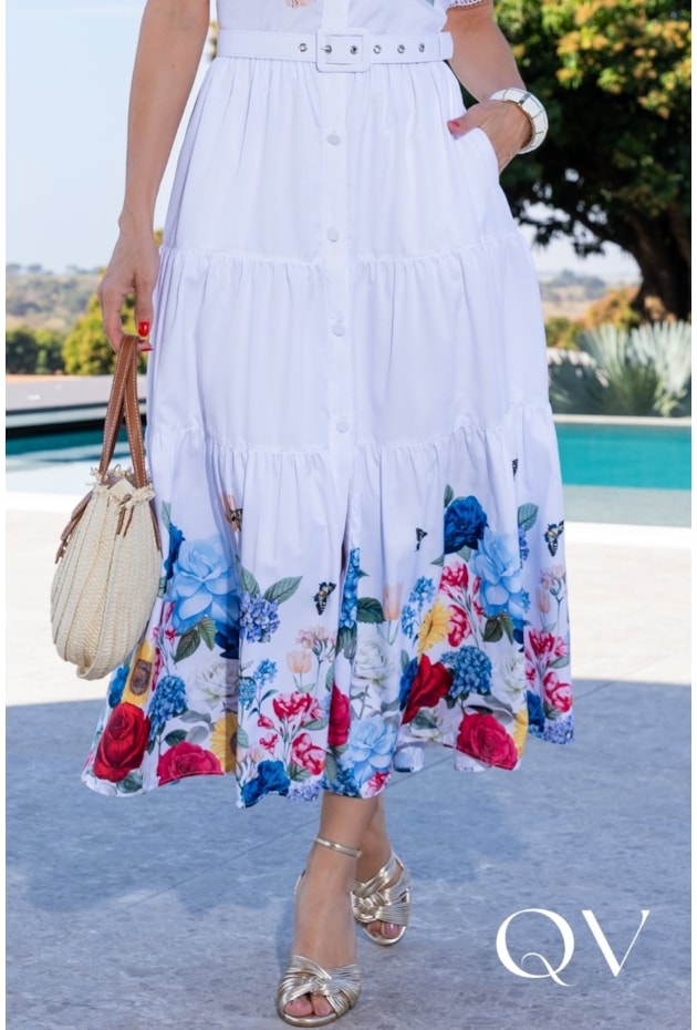 VESTIDO CHEMISE EM TRICOLINE BRANCO FLORAL - LUZIA FAZZOLLI