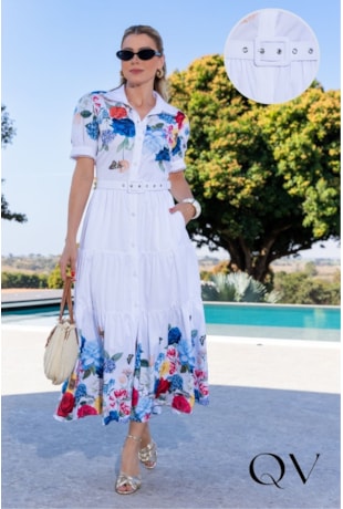VESTIDO CHEMISE EM TRICOLINE BRANCO FLORAL - LUZIA FAZZOLLI