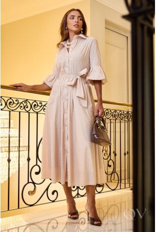 VESTIDO CHEMISE EM TRICOLINE LISTRADO BEGE - LUZIA FAZZOLLI