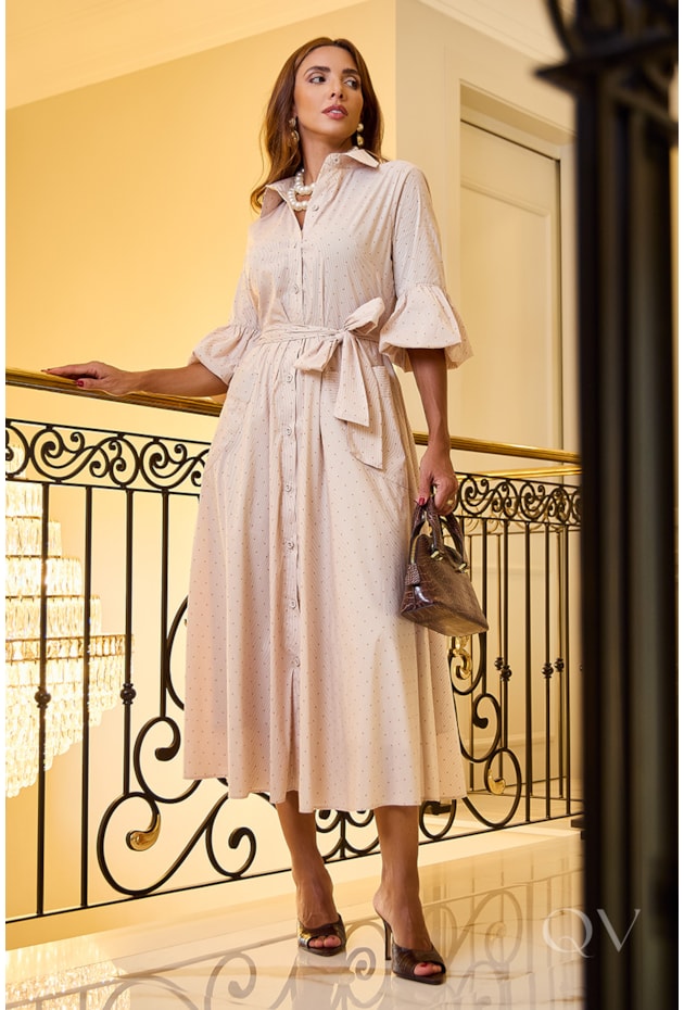 VESTIDO CHEMISE EM TRICOLINE LISTRADO BEGE - LUZIA FAZZOLLI