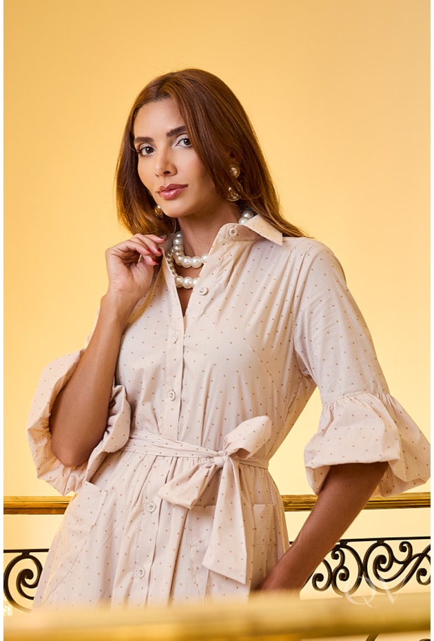 VESTIDO CHEMISE EM TRICOLINE LISTRADO BEGE - LUZIA FAZZOLLI